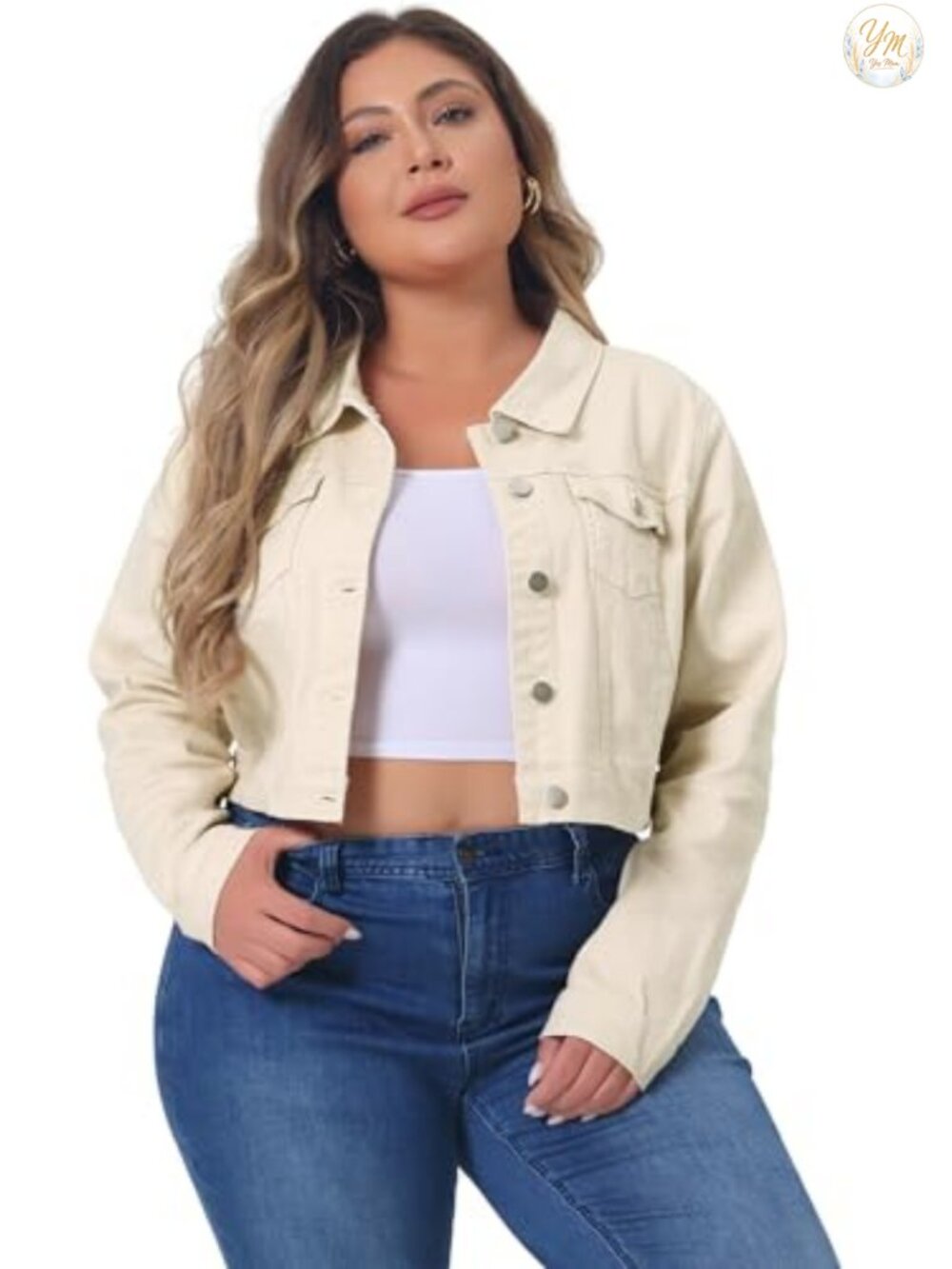 Plus Size Cropped Denim Jacket Button Up